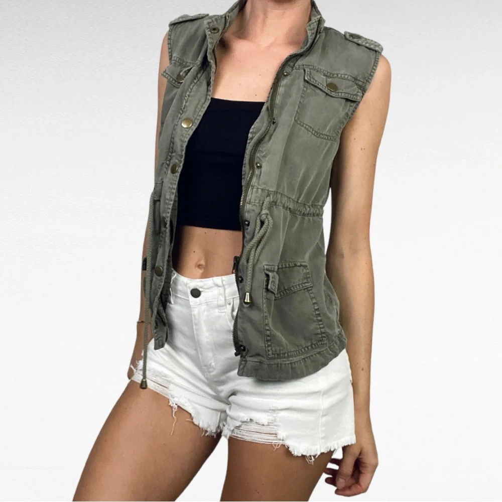 Celebrity Pink | Girls | Olive Green Sleeveless Drawstring Utility Safari Vest